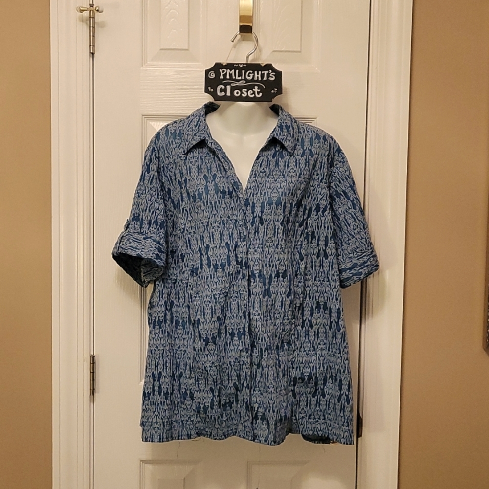 Liz & Me Button Up Blouse Short Sleeve 1X (18/20) Blue